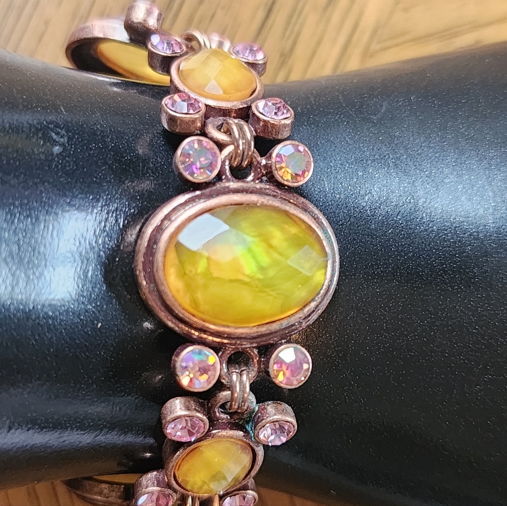 Vintage Copper Statement Bracelet Yellow Faux Opal Aurora Borealis Pink AB